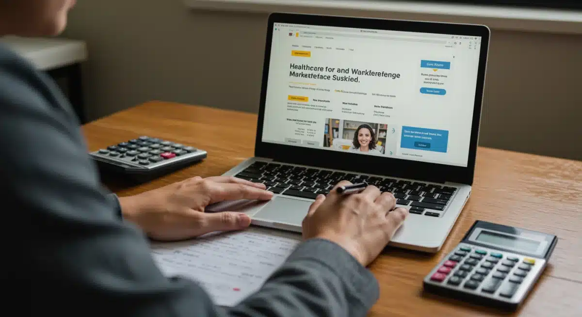 Individual calculating healthcare savings with ACA subsidies on a laptop