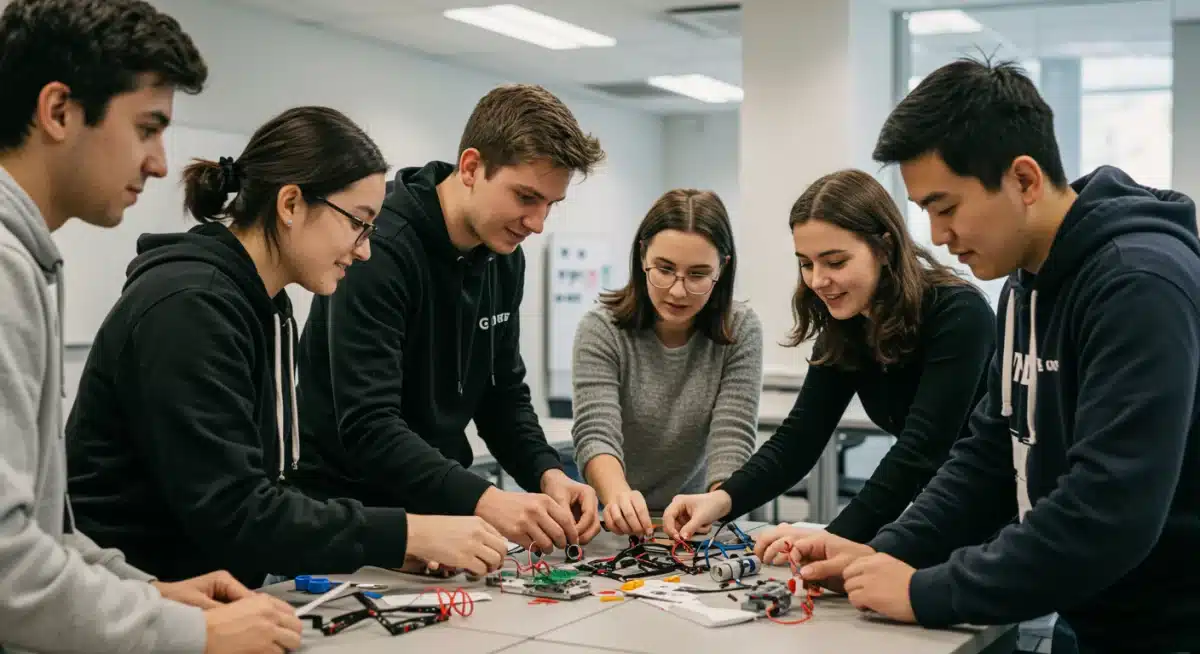 Diverse students engaged in a hands-on robotics project in a STEM classroom