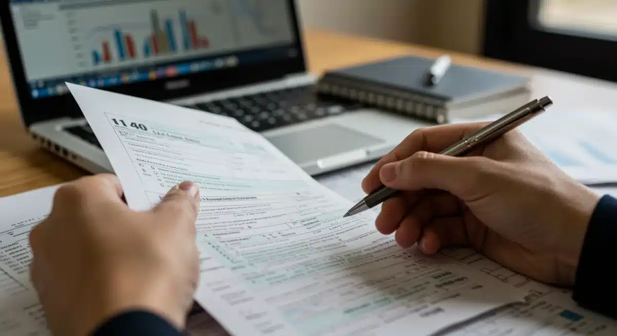 Person meticulously reviewing tax documents for education expenses.