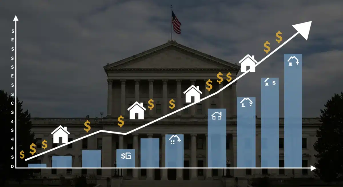 Graph showing rising housing costs and mortgage rates influenced by federal policy changes.