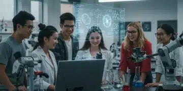 Students collaborating on a holographic science project in a modern STEM lab