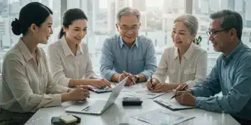 Group discussing 2025 retirement planning with financial documents