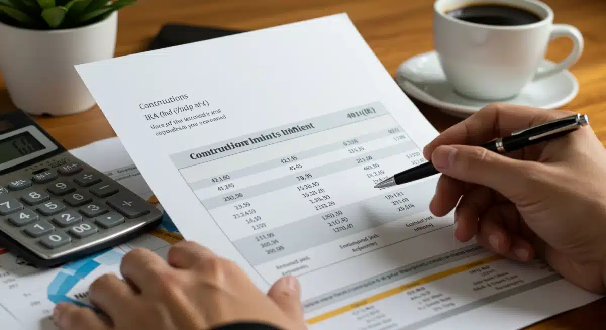 Hand reviewing 401(k) and IRA contribution limits on a financial statement