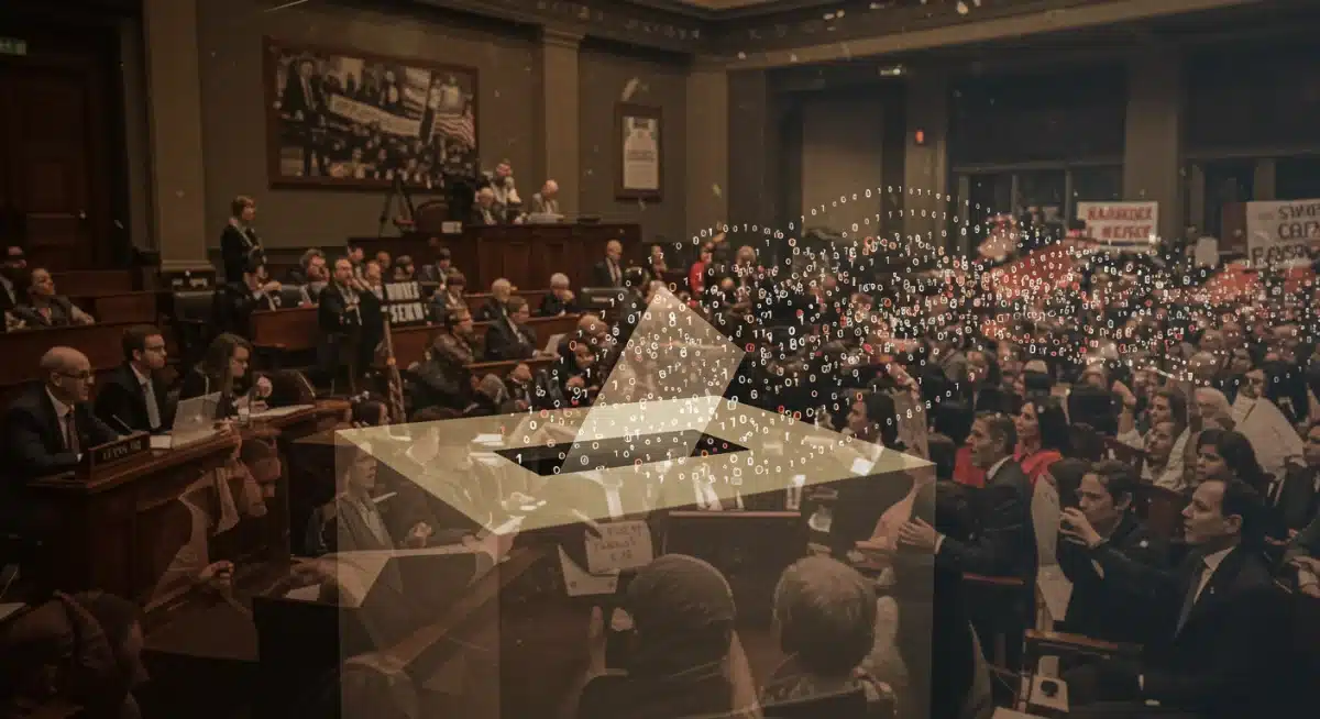 Digital data streams and congressional hearings influencing a ballot box, symbolizing public opinion and policy.