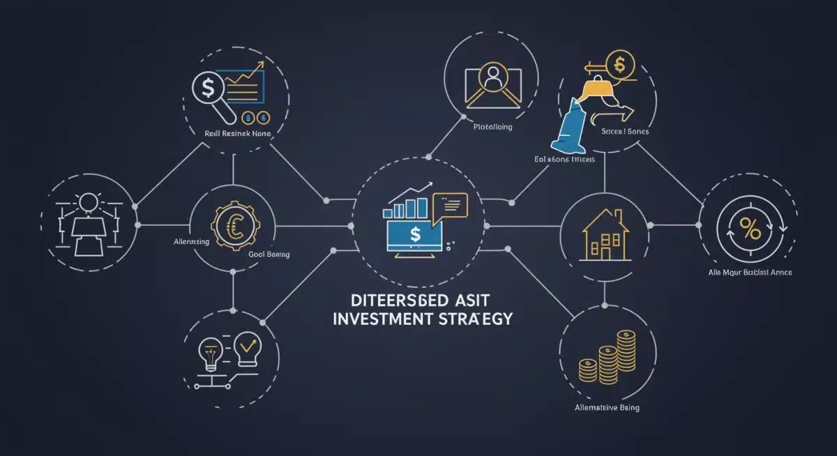 Diversified asset allocation graphic with stocks, bonds, and alternative investments.