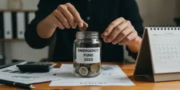 Hand placing coin into emergency fund jar for 2025