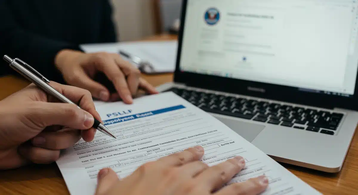 Hand completing a PSLF Employment Certification Form with a pen and laptop showing Federal Student Aid website.
