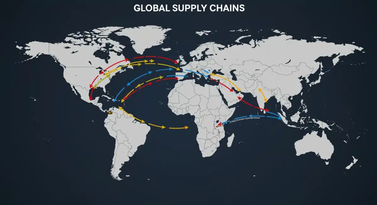 Global supply chain network with arrows, illustrating trade shifts