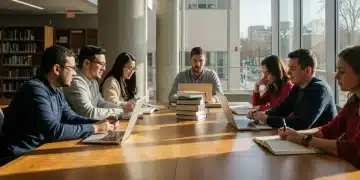 Diverse graduate students studying in a university library, discussing funding options