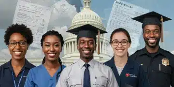 Public service professionals, including a teacher and nurse, smiling with student loan documents and graduation cap, symbolizing PSLF in 2025.