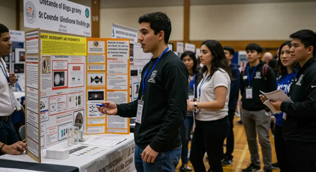 Student presenting project at science fair, highlighting extracurriculars