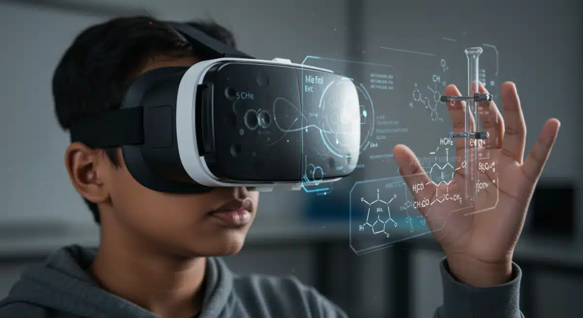 Student immersed in a virtual reality science experiment with a VR headset.