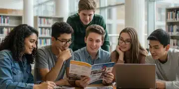 Students preparing for 2025 US college admissions with brochures and laptops