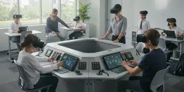 Students engaging with virtual reality, AI, and adaptive learning in a modern US classroom.