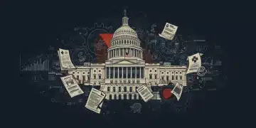 US Capitol building with gears, policy documents, and abstract symbols of economic, environmental, and healthcare policy.