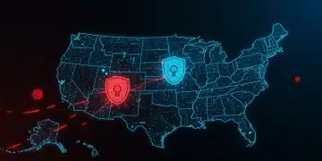 Digital map of US infrastructure under cyber attack, glowing red threats against blue defenses.