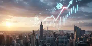 Vibrant city skyline with economic charts and household symbols representing 2.5% GDP growth impact on US economy and families in 2026.