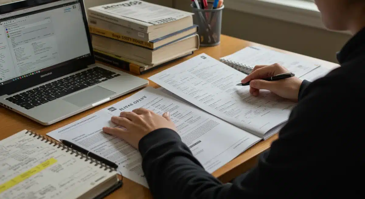 Student preparing college application documents and essays.
