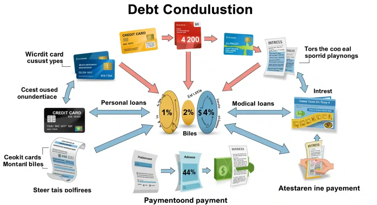 Illustration of various debts consolidating into one lower monthly payment.