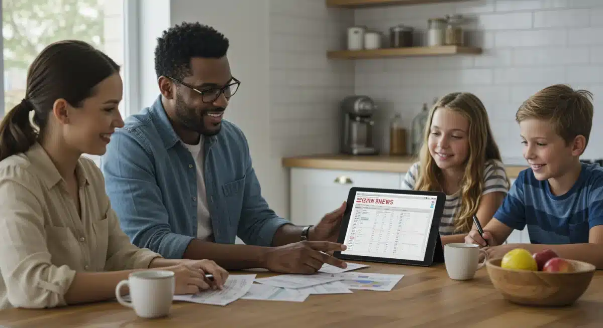 Family reviewing financial budget on a tablet, with economic news headlines visible, symbolizing personal financial planning amidst the 2026 US economic outlook.