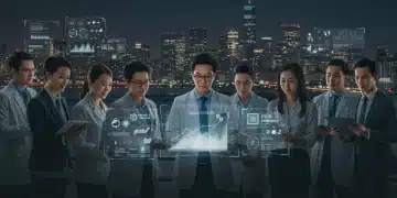 Professionals collaborating on futuristic tech, symbolizing essential skills for careers in 2026.