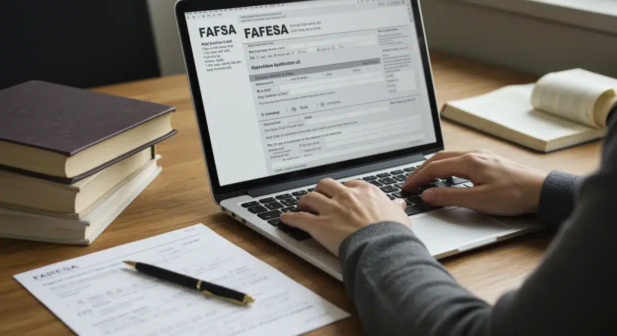 Student completing FAFSA application on laptop, focused on financial aid.