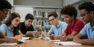 Students preparing for new standardized tests in a library setting