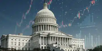 Digital overlay on US Capitol showing federal budget financial impact