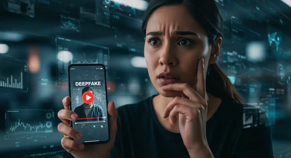 Concerned person viewing deepfake scam on smartphone