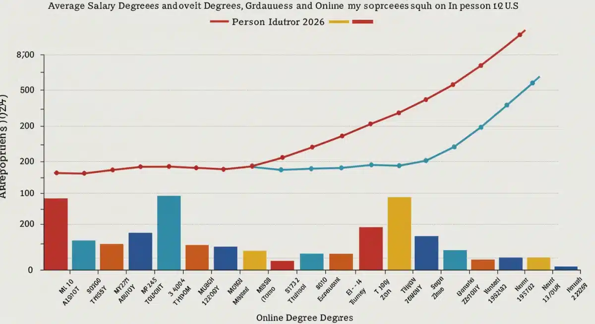 Bar graph comparing average salaries for online vs. in-person degree holders by industry.