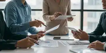 Diverse individuals analyzing healthcare reform documents and data