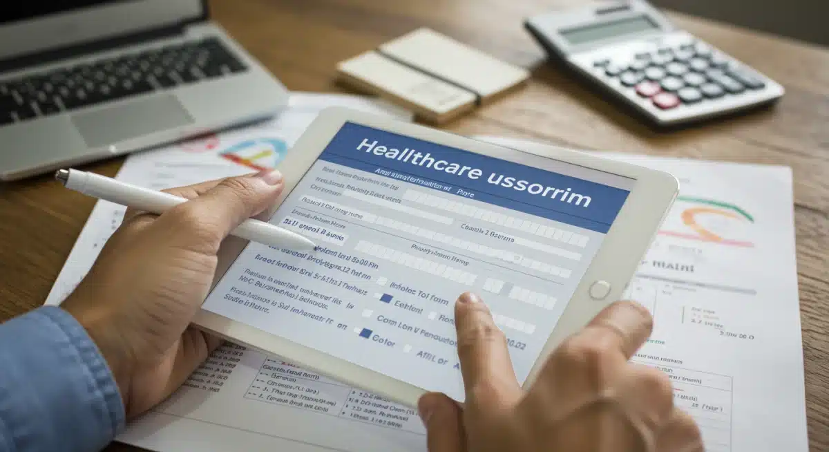 Hand filling out online healthcare subsidy application form