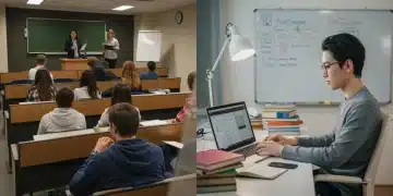 Students in a lecture hall and a student studying online, symbolizing hybrid education paths.
