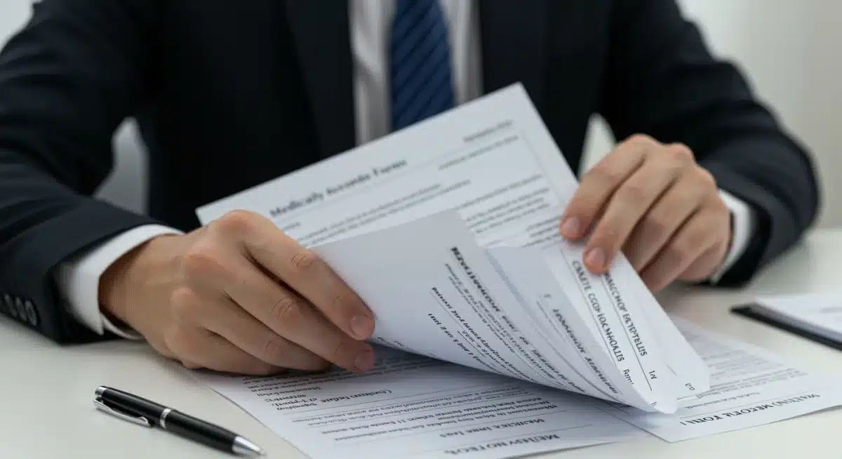 Hand organizing medical records and application forms for disability benefits.