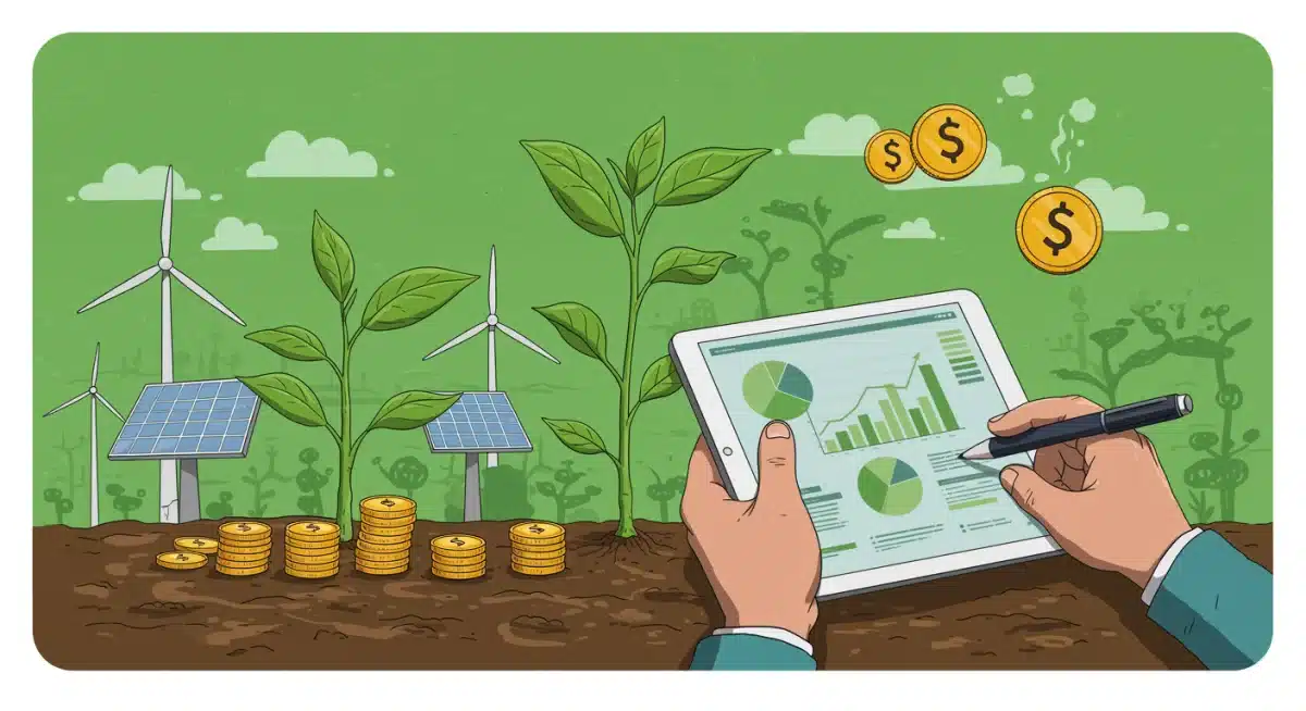 Individual analyzing financial data with green investment symbols
