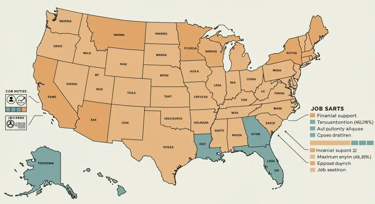 US map infographic showing state-by-state unemployment benefit variations and durations