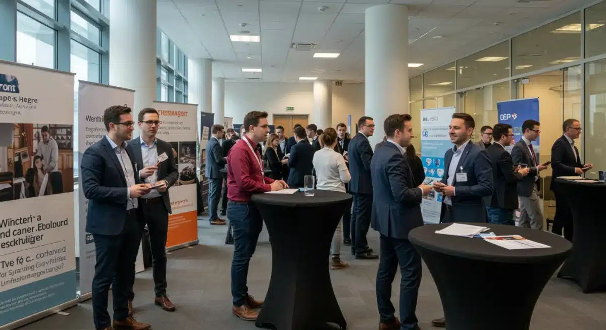 Students and recruiters networking at a university career services event.