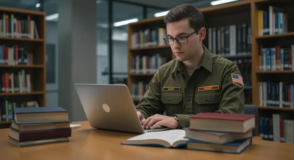 Veteran student utilizing 2026 educational benefits in a library