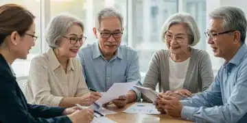 Group of diverse seniors discussing 2026 Social Security benefits with a financial advisor, smiling and engaged in retirement planning.