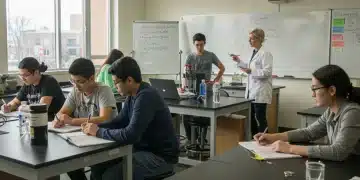 High school students engaged in an early college science class, focused on learning.