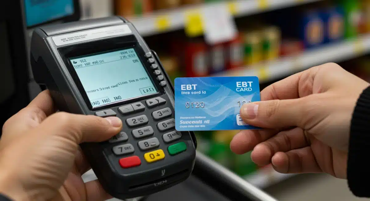 EBT card being swiped at a grocery store checkout, showing a successful transaction.