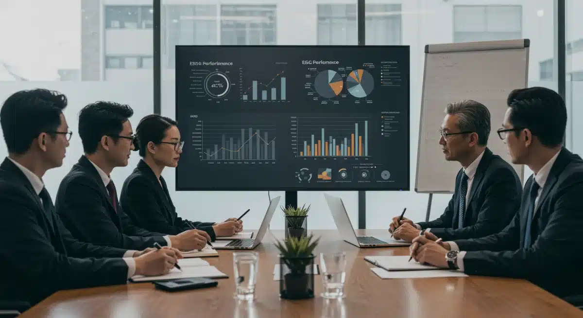 Business executives discussing ESG performance and investment strategies
