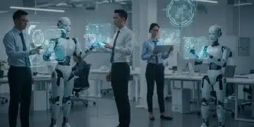 Professionals collaborating with AI and robots in a futuristic office, symbolizing the evolving US job market.