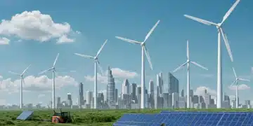 Futuristic city with renewable energy infrastructure, symbolizing 2026 climate policy goals.