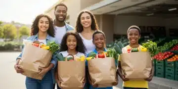 Maximize SNAP Benefits 2026: Unlock Up to $291 Monthly for Food Assistance Happy family with full grocery bags, representing maximized SNAP benefits for food assistance.