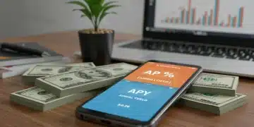 Smartphone showing high APY banking app with dollar bills and growth plant
