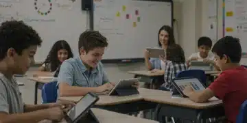 Students and teachers adapting to new federal education policies in a dynamic classroom.