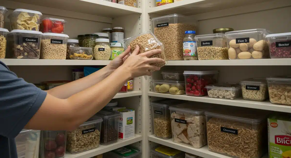 Well-organized pantry with healthy food items, demonstrating effective meal planning.