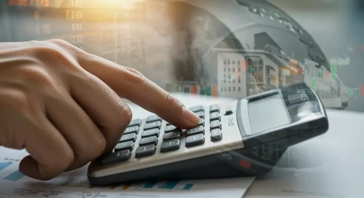 Hand calculating investment returns against a backdrop of various asset classes