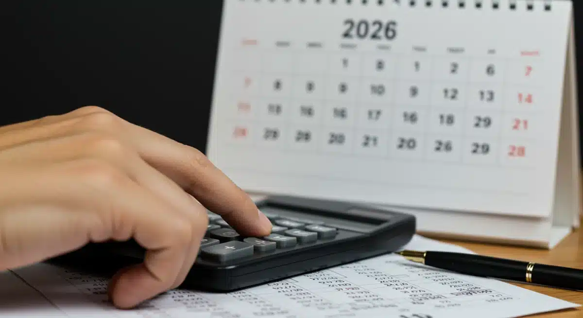 Hand using calculator to plan for 2026 Social Security benefits, with calendar and financial documents.